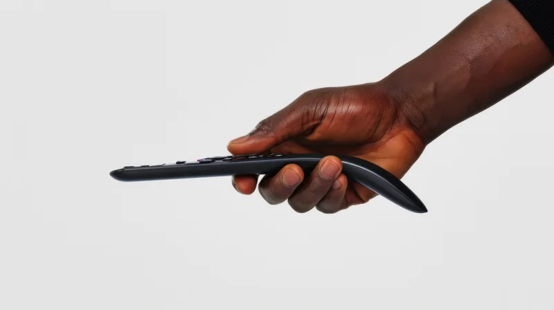 Hand gripping a sleek black remote control against white background