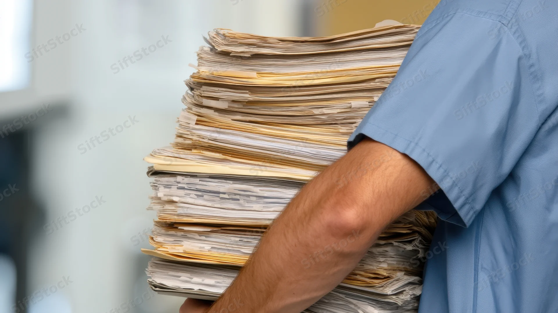 Healthcare worker carrying a large stack of medical paperwork in an office setting
