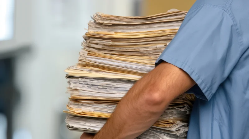 Healthcare worker carrying a large stack of medical paperwork in an office setting
