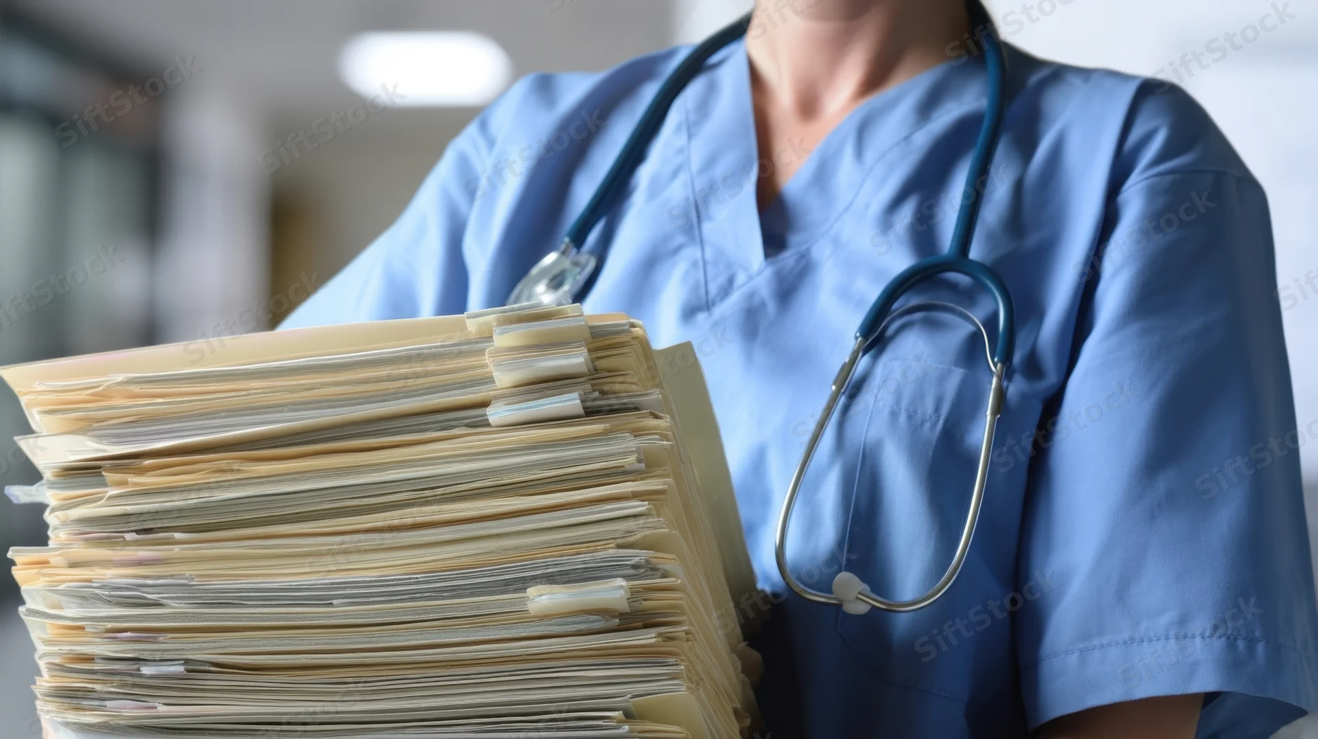 Nurse holding stack of medical files in hospital setting