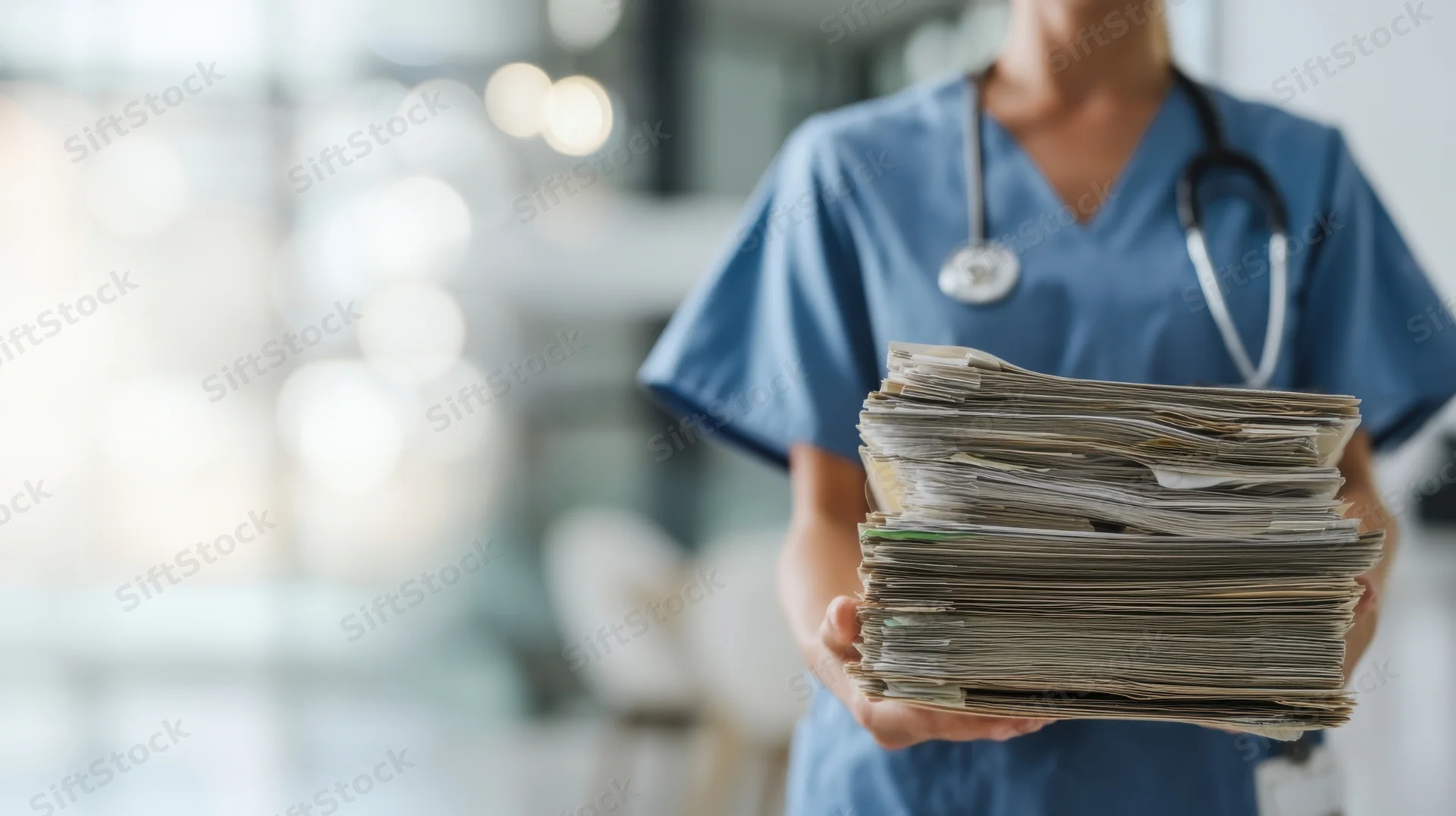 Nurse holding stack of medical paperwork in hospital office
