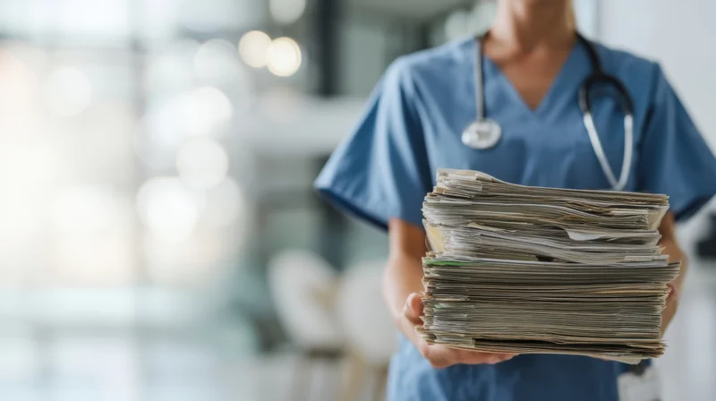 Nurse holding stack of medical paperwork in hospital office
