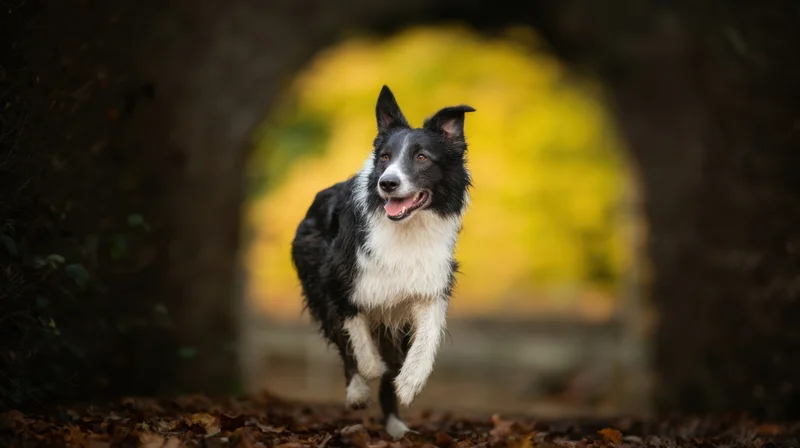 Bordercollie running joyfully through a leaf-covered forest path in autumn