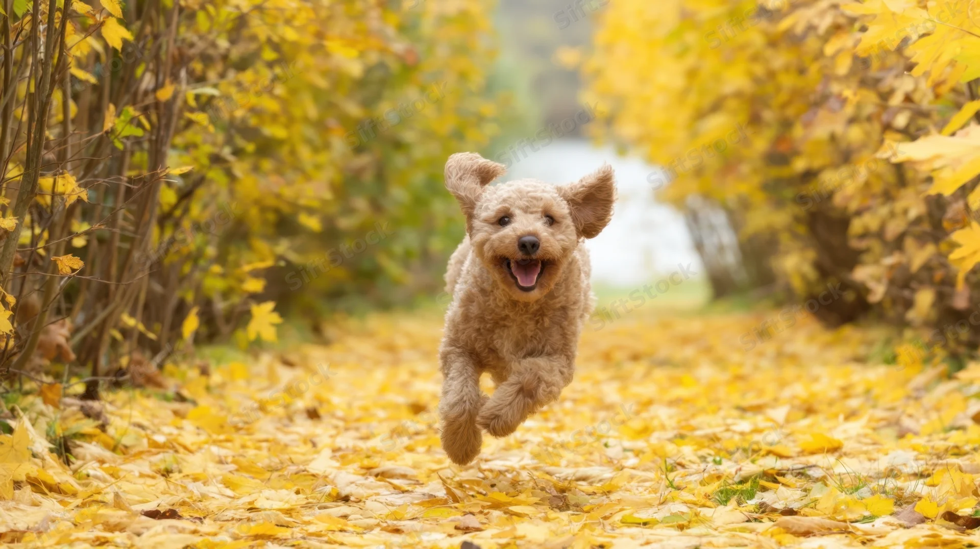A dog running joyfully on a leaf-covered path in an autumn park
