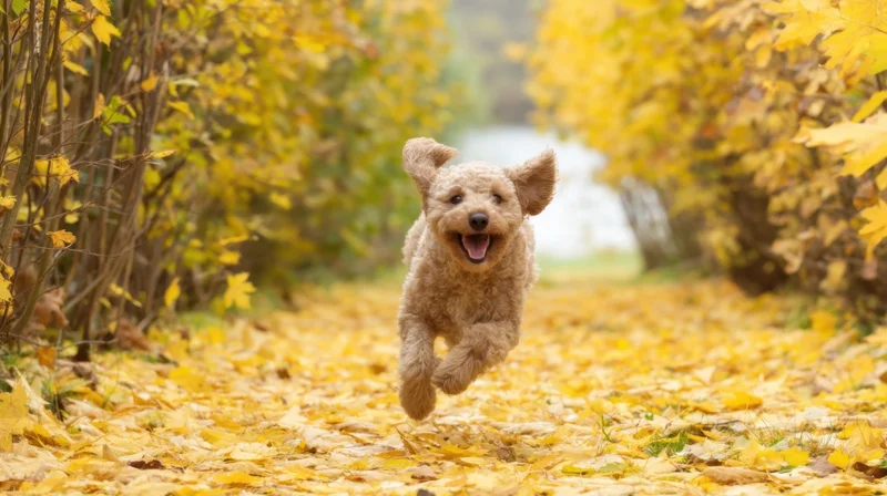 A dog running joyfully on a leaf-covered path in an autumn park