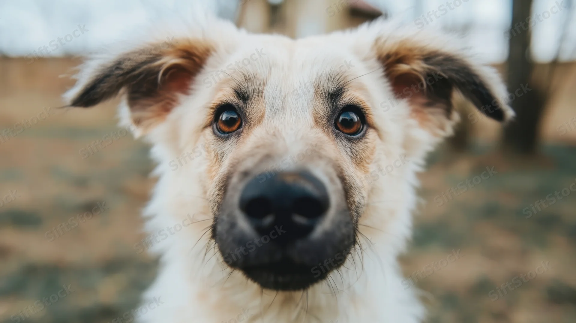 Closeup portrait of a white and brown dog looking directly at camera outdoors