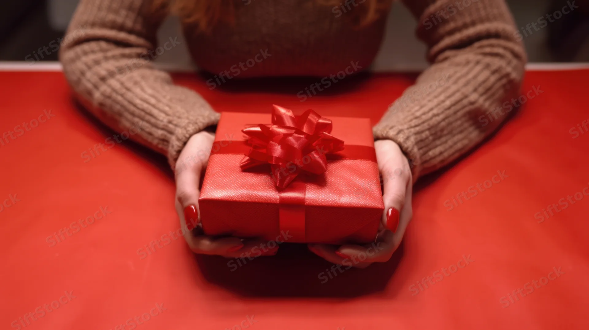 Woman holding a red gift box with ribbon on a red table