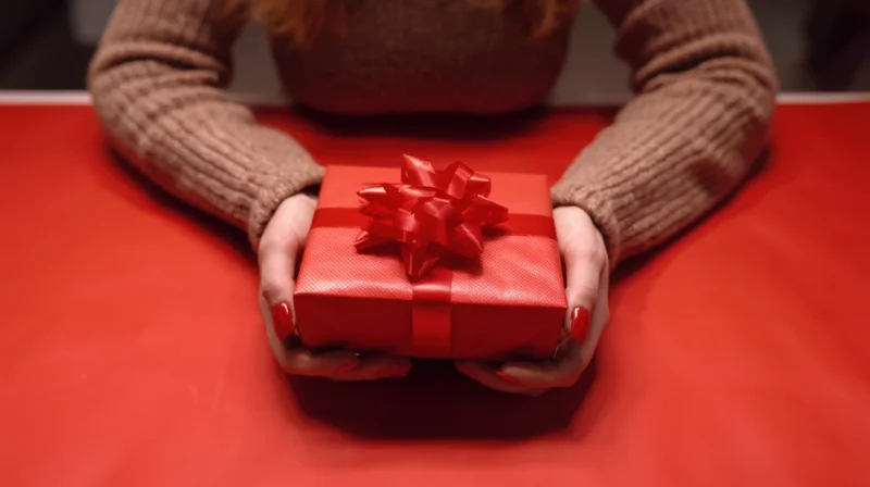 Woman holding a red gift box with ribbon on a red table