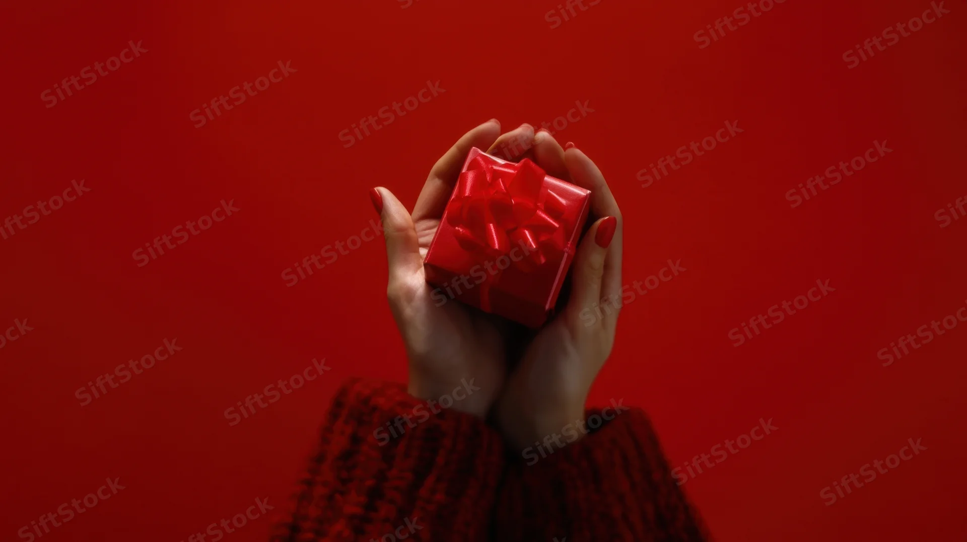 Woman's hands holding a small red gift box with ribbon against a red background