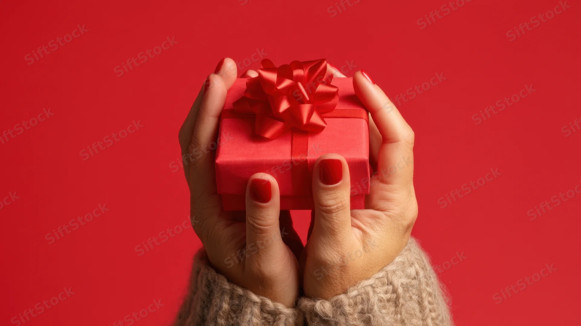 Woman's hands holding a red gift box with ribbon against red background