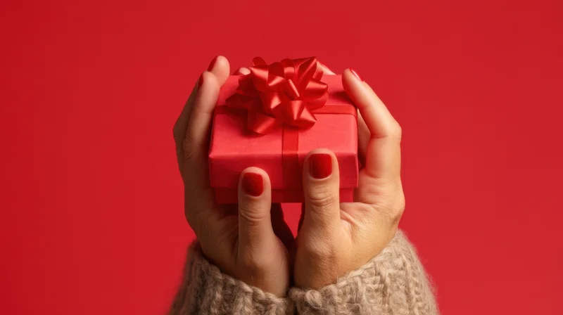 Woman's hands holding a red gift box with ribbon against red background
