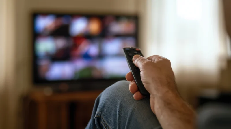 Hand holding remote pointing at television screen showing streaming menu in living room