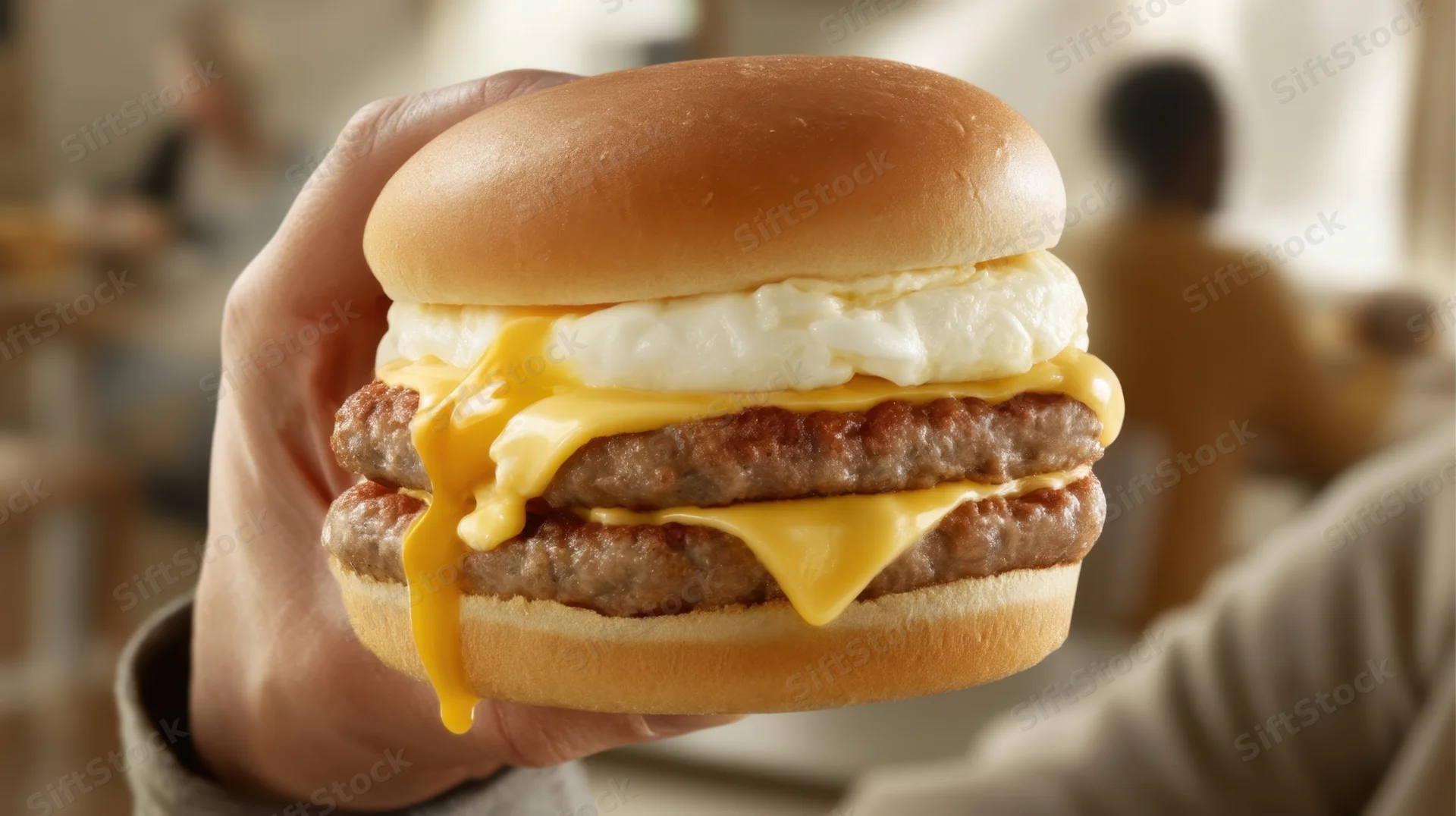 Hand holding a thick breakfast burger with sausage, cheese, egg and sauce in a diner setting