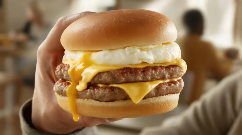 Hand holding a thick breakfast burger with sausage, cheese, egg and sauce in a diner setting