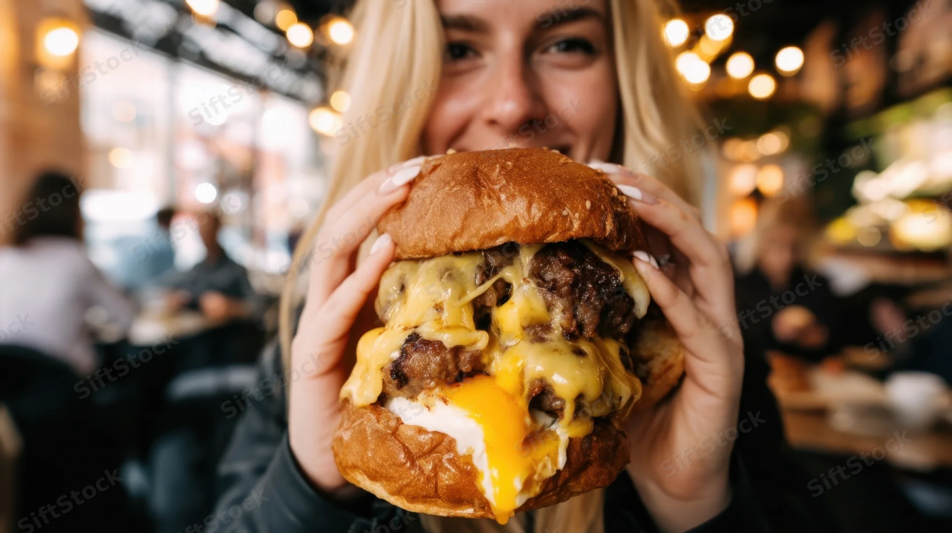 Woman holding a thick cheeseburger with melted cheese and meat patties in a restaurant