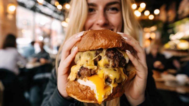 Woman holding a thick cheeseburger with melted cheese and meat patties in a restaurant