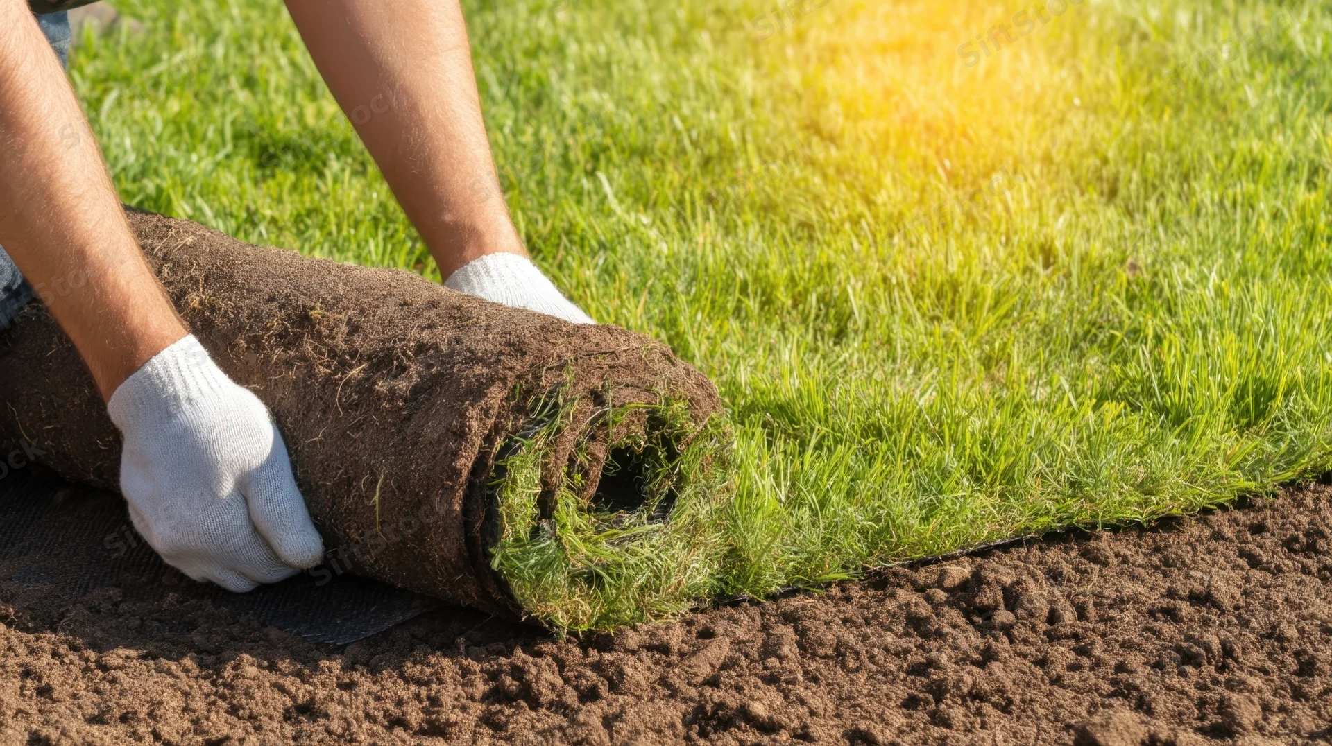 Hands in white gloves unrolling sod onto prepared soil in a yard