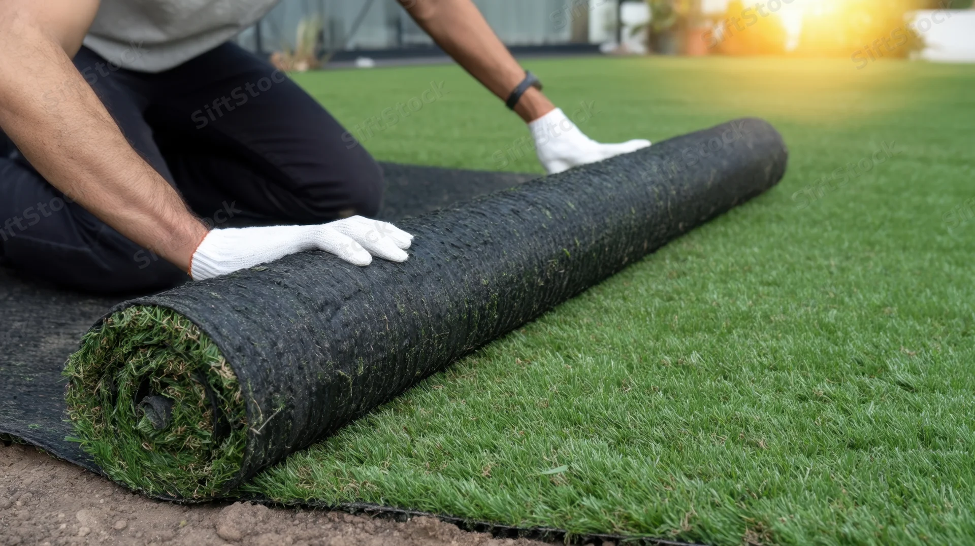 Man kneeling to unroll artificial grass in a backyard garden