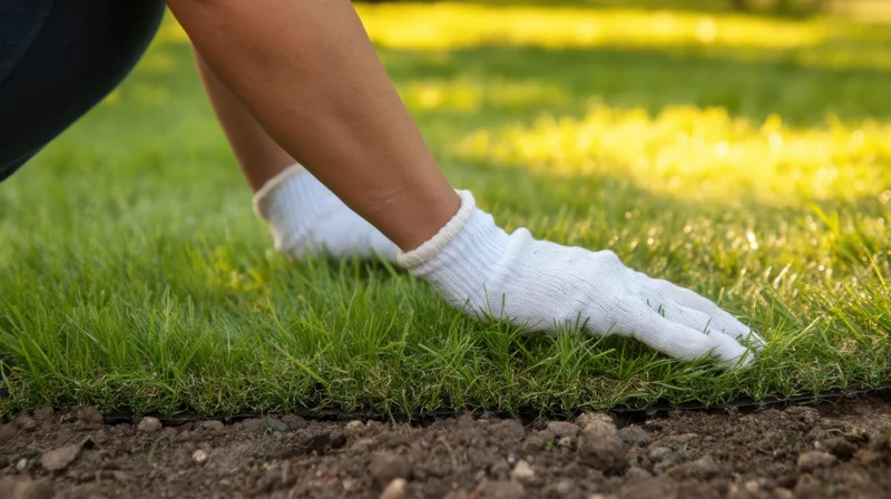 Woman wearing white gloves placing sod on a lawn in a backyard garden