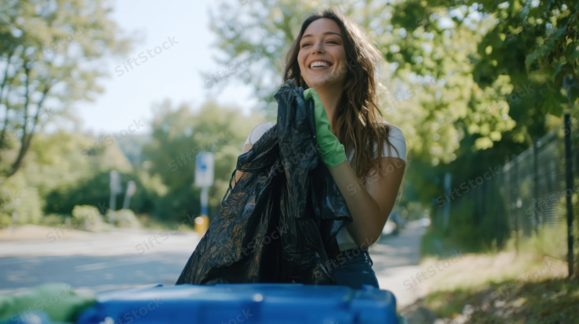 Woman smiling while holding a trash bag during outdoor recycling cleanup in a park