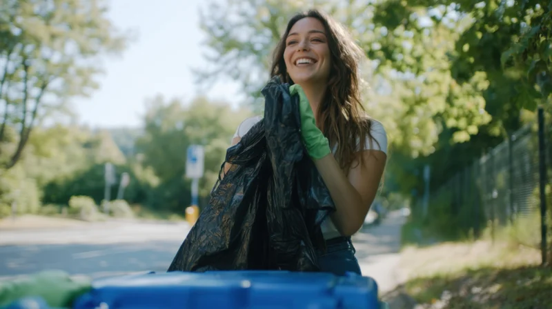 Woman smiling while holding a trash bag during outdoor recycling cleanup in a park
