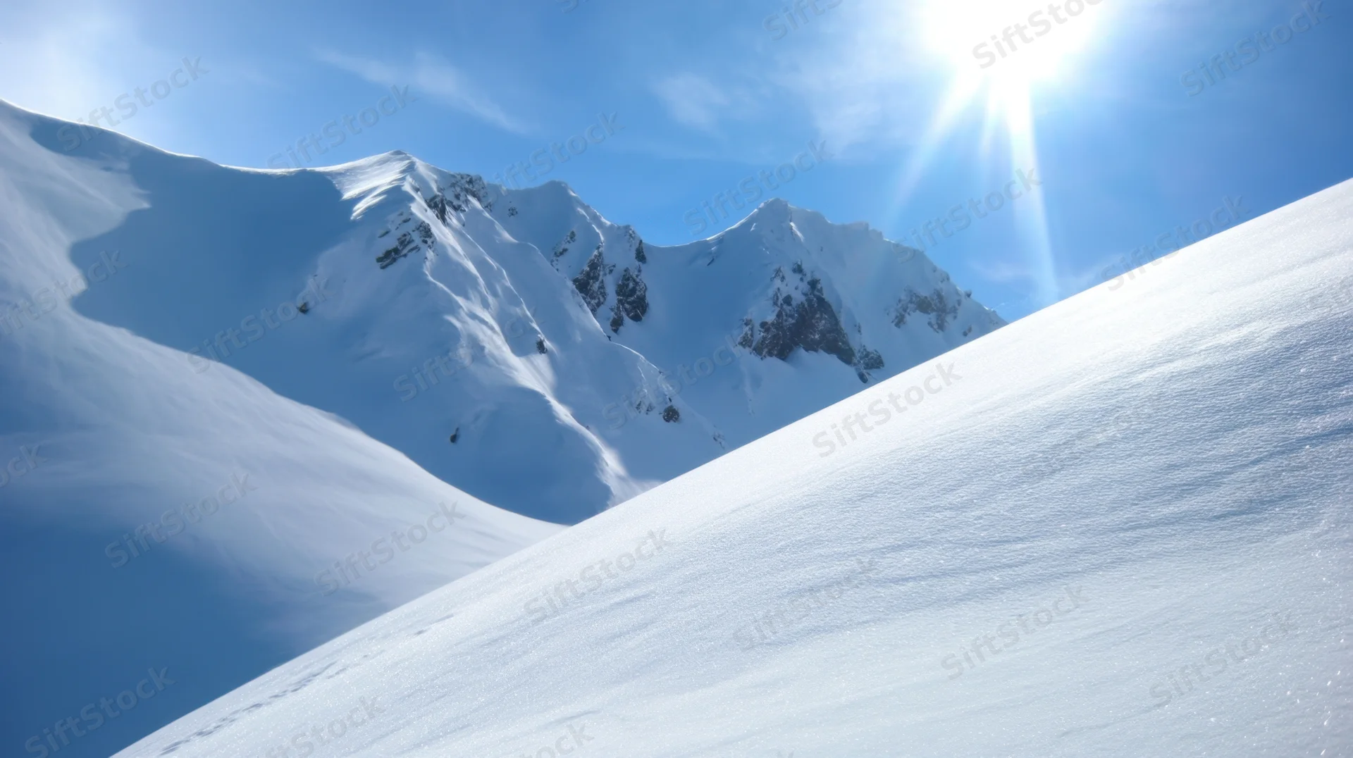 Snow-covered mountain peaks under bright sun in alpine landscape