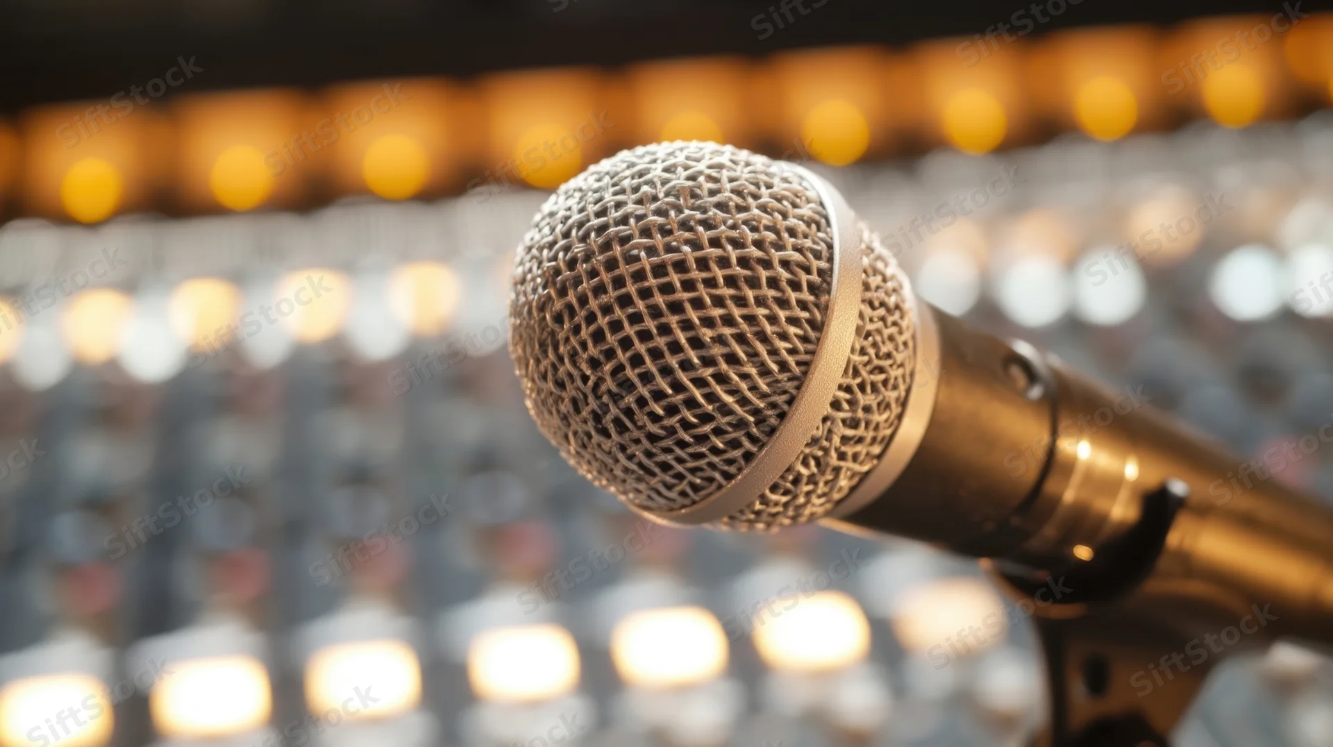 Closeup of a professional microphone on a stand in front of a blurred audio mixing console with warm bokeh lights in the background