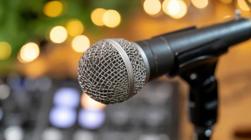 Closeup of a microphone on a stand with blurred stage lights in the background
