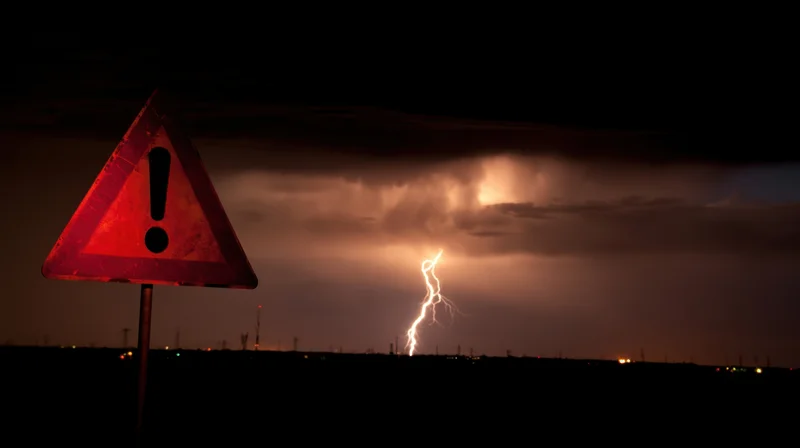 Red triangular warning sign in a stormy night sky with lightning striking in the distance