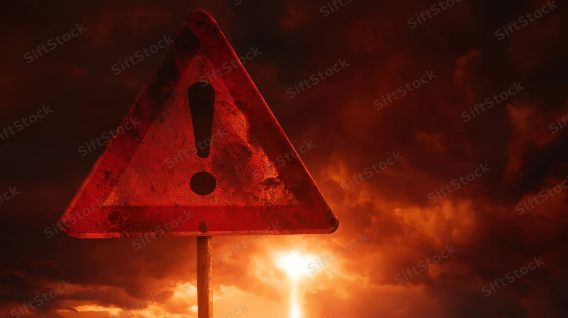 Red triangular warning sign with exclamation mark against fiery sunset sky