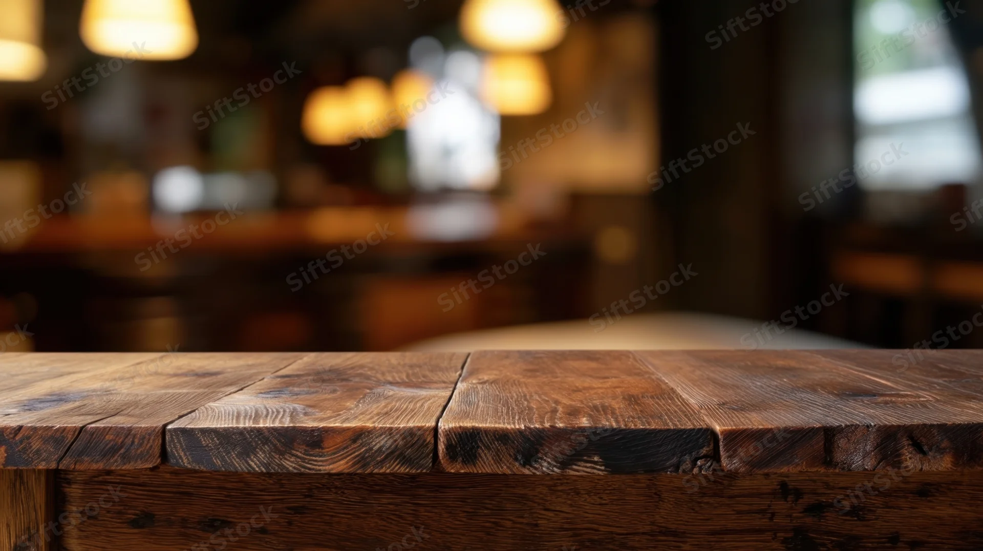 Rustic wooden table surface in a dimly lit restaurant interior with blurred background lighting