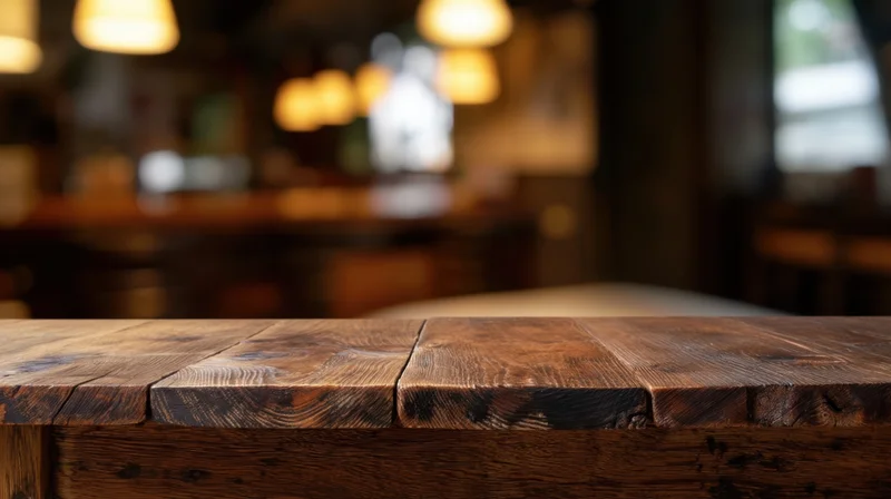 Rustic Wooden Table in a Warm Cafe Interior Setting