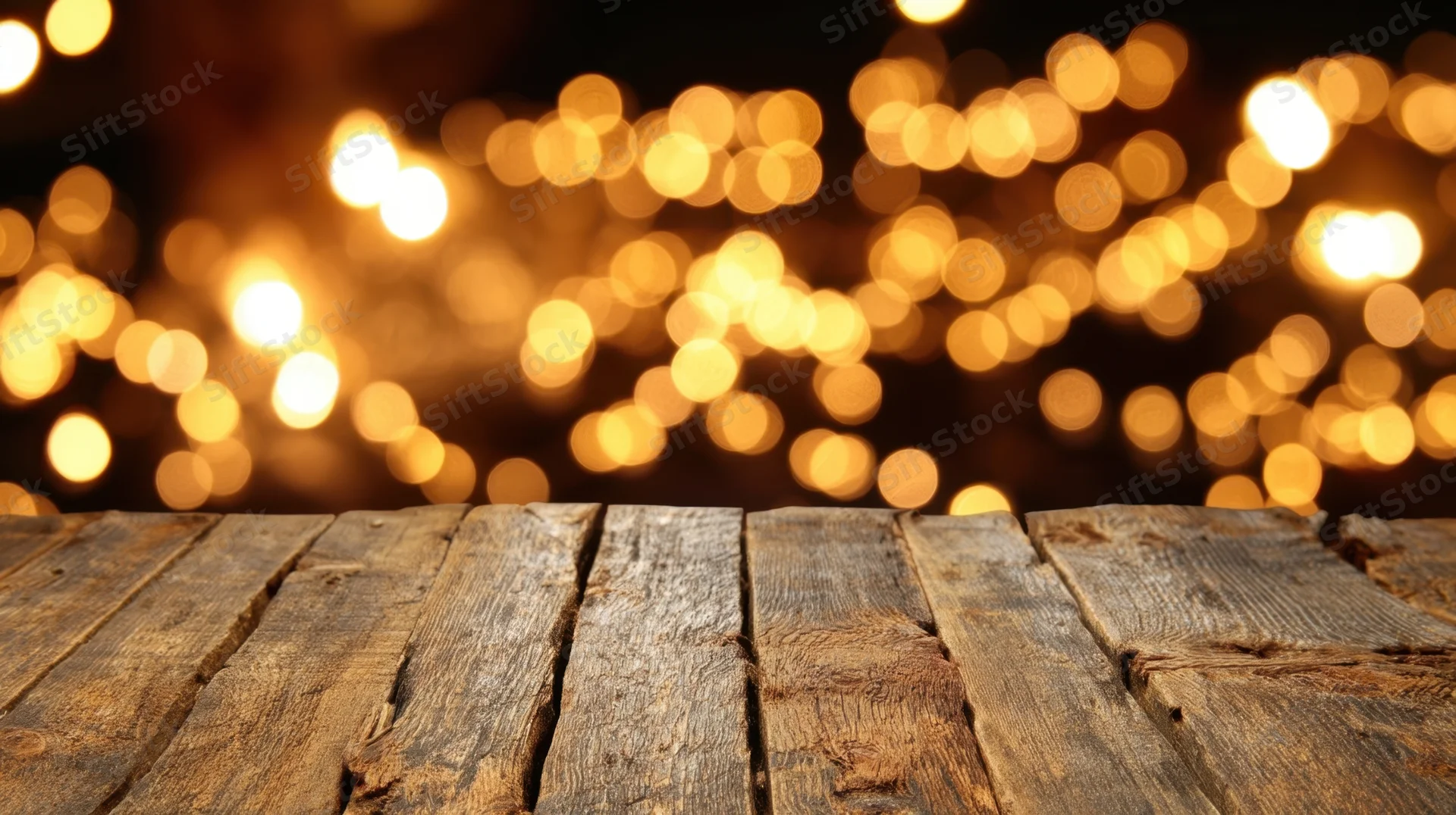 Rustic wooden table surface with blurred warm bokeh lights in background