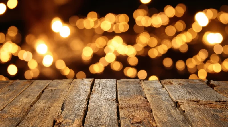 Rustic wooden table on weathered planks under warm golden