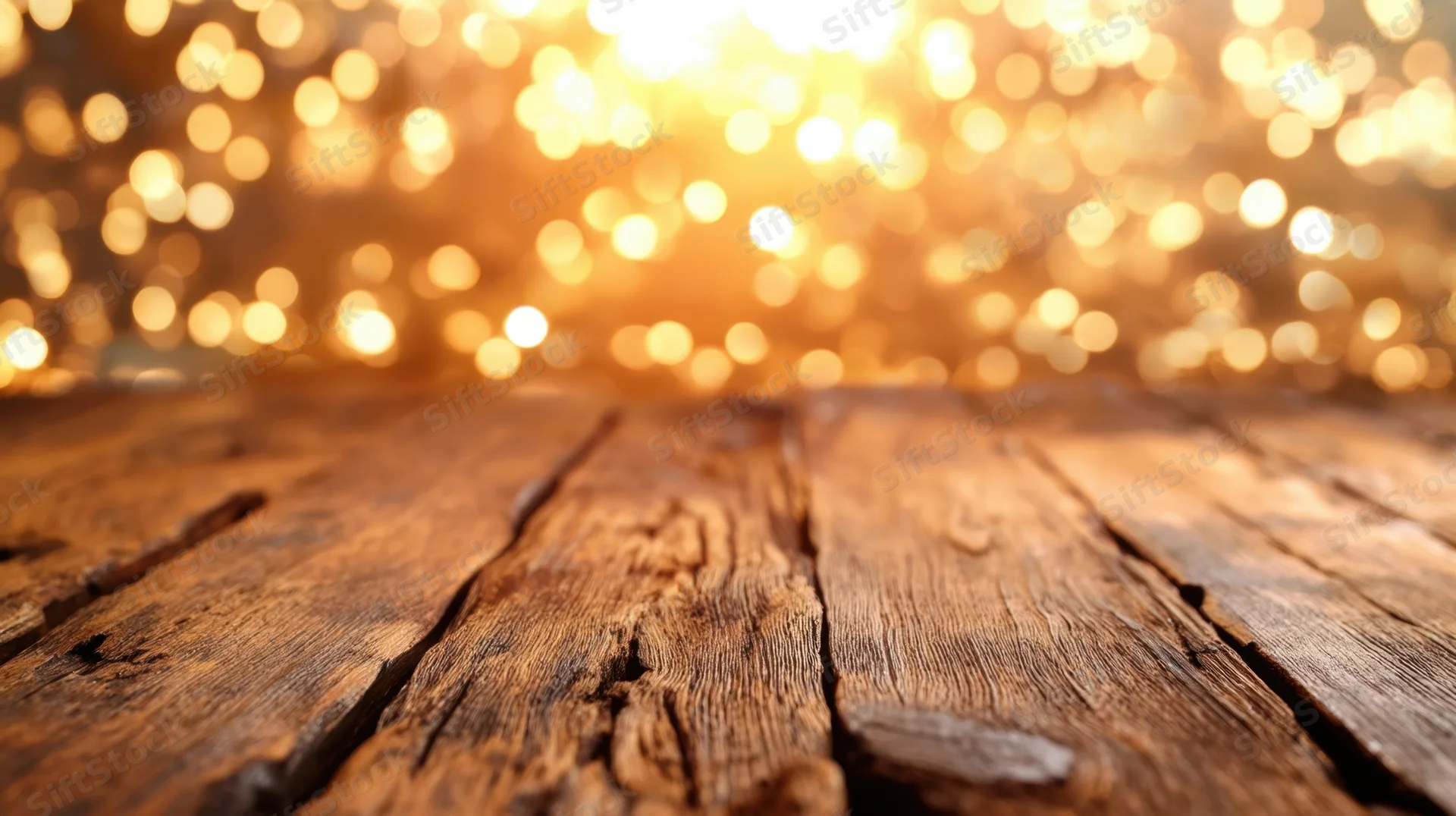 Rustic wooden table surface with warm bokeh lights in background