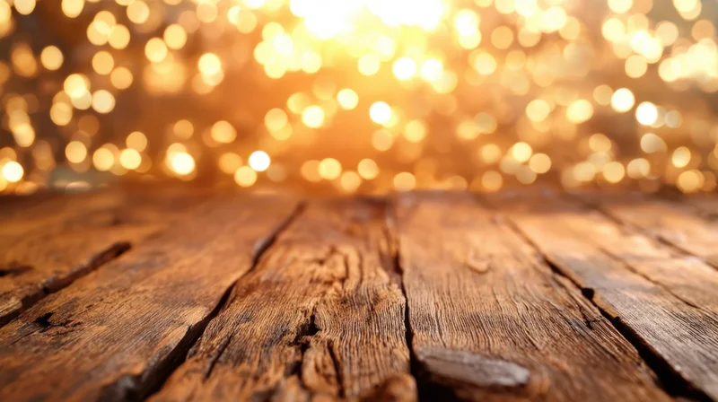 Rustic wooden table surface with warm bokeh lights in background