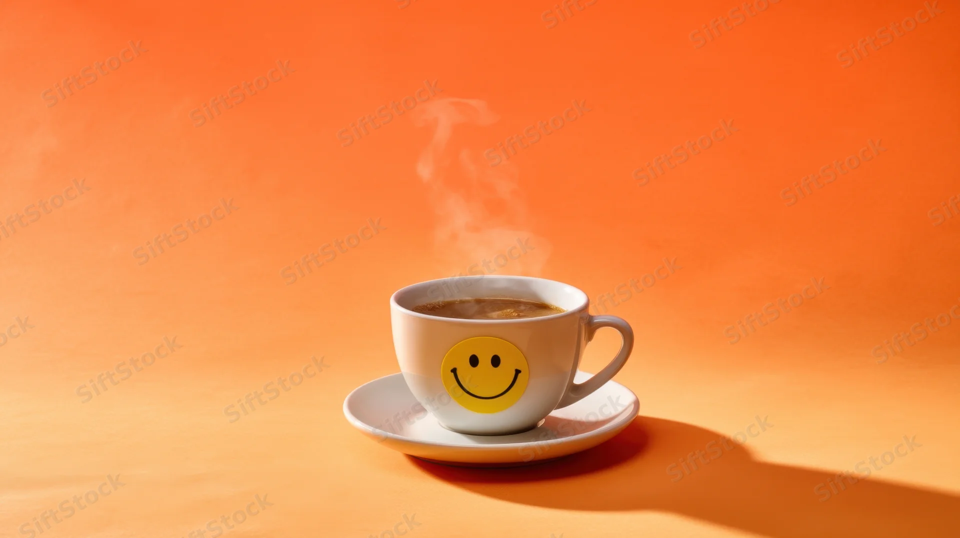 Steaming coffee cup with smiley face on orange background
