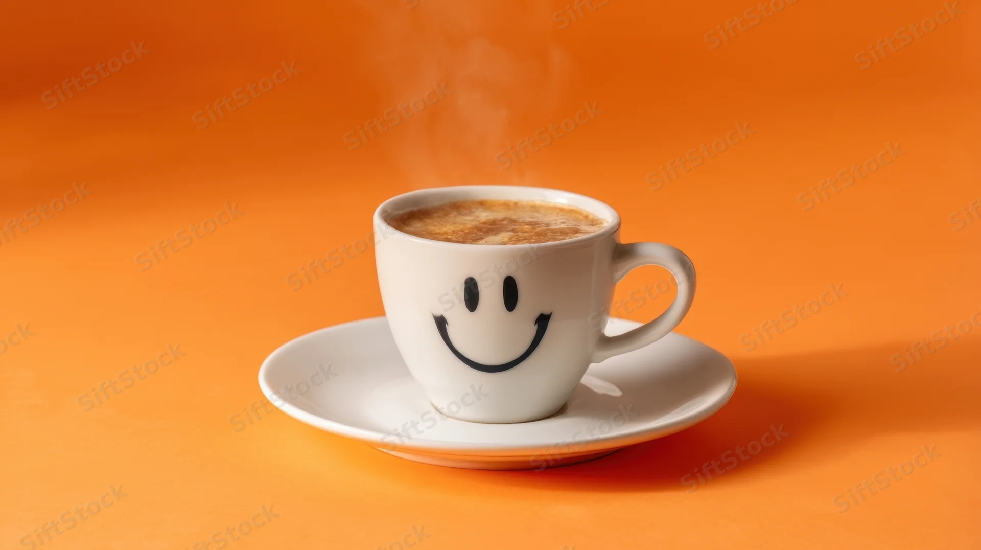 Steaming coffee cup with smiley face on saucer against orange background