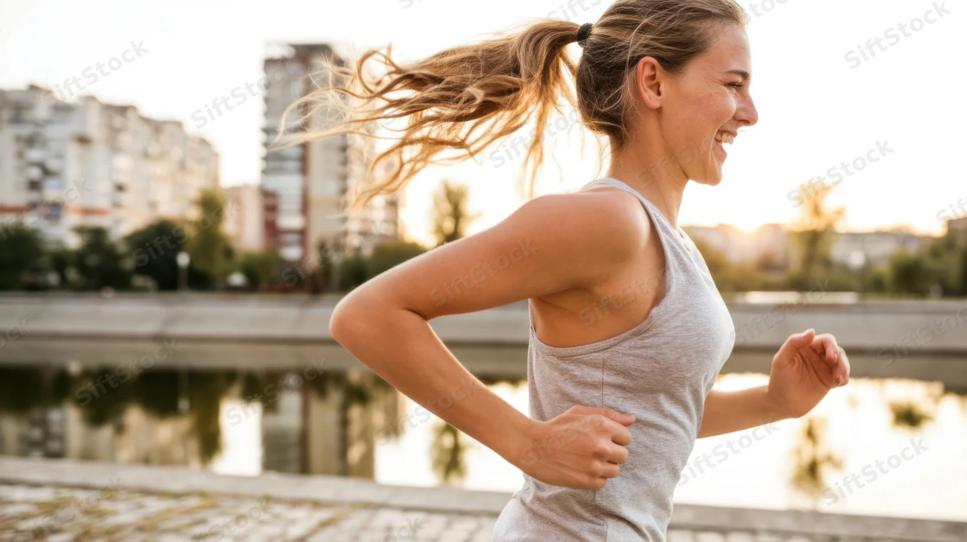 Woman jogging along a riverside path in an urban area during golden hour