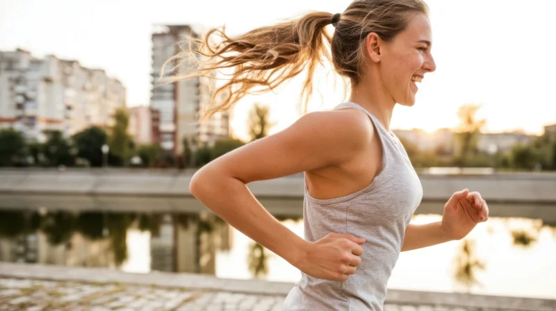 Woman jogging along a riverside path in an urban area during golden hour