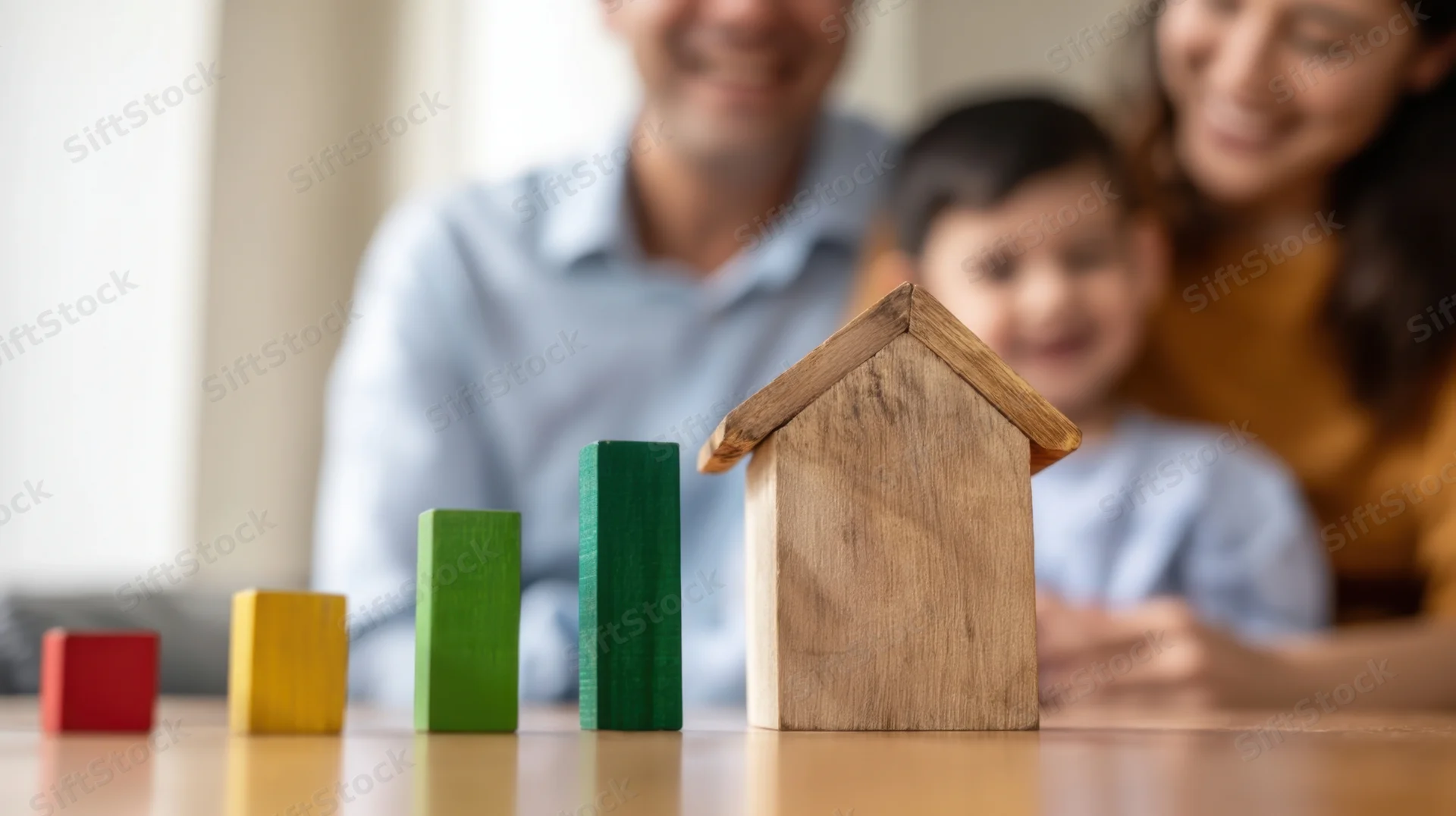 Wooden house model and colorful blocks arranged in growth pattern on table with smiling family in background