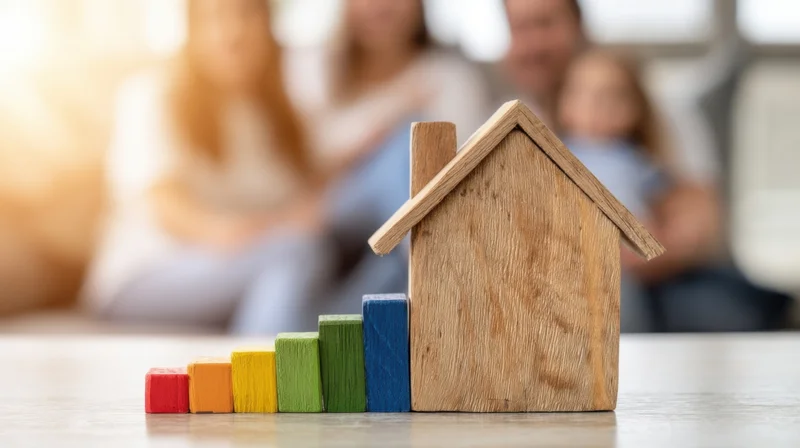 Wooden house model beside colorful rising blocks with family in background on table