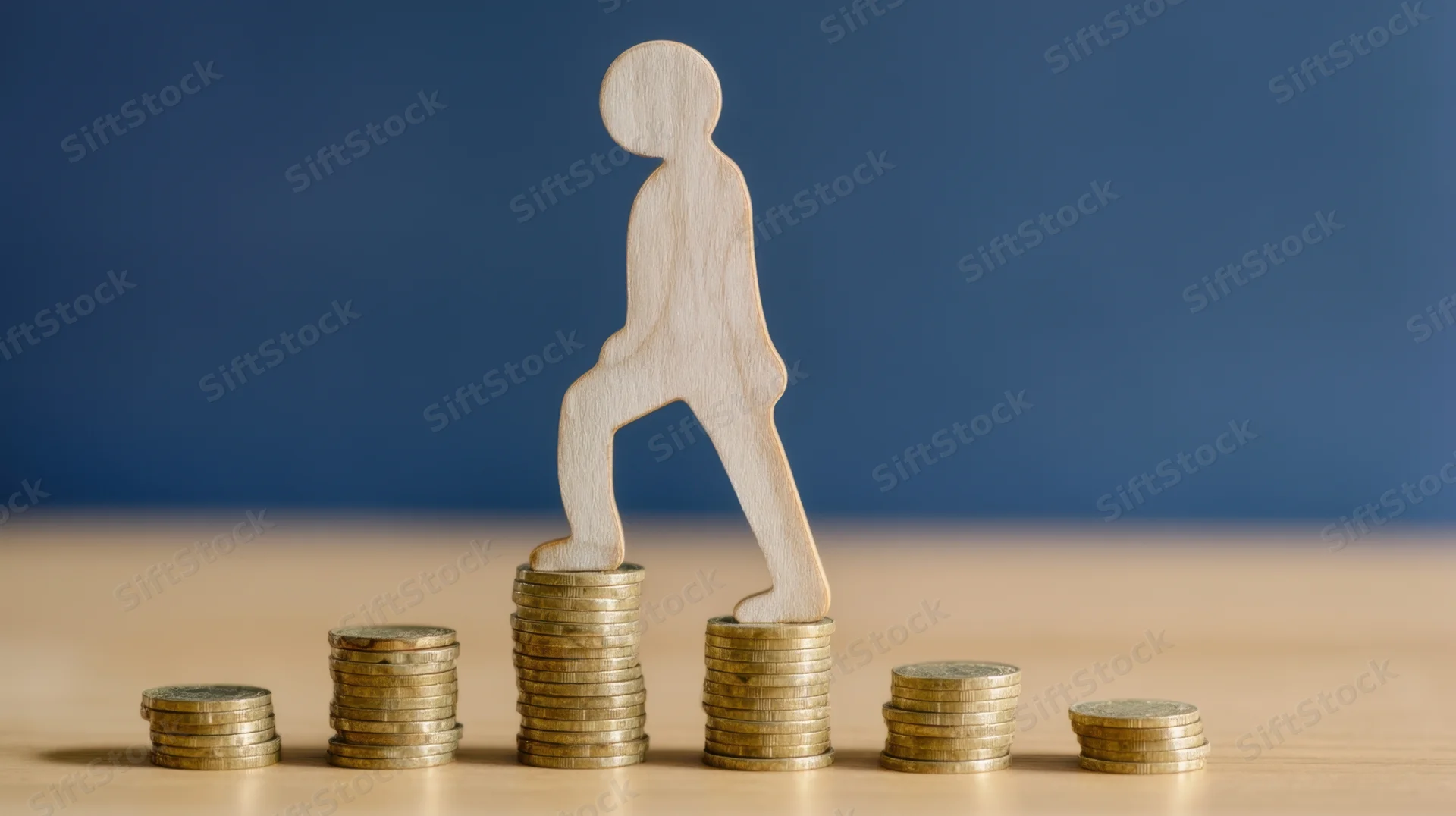 Wooden silhouette climbing stacks of coins arranged in ascending order on a wooden surface