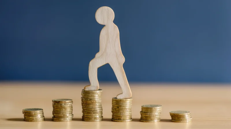 Wooden silhouette climbing stacks of coins arranged in ascending order on a wooden surface
