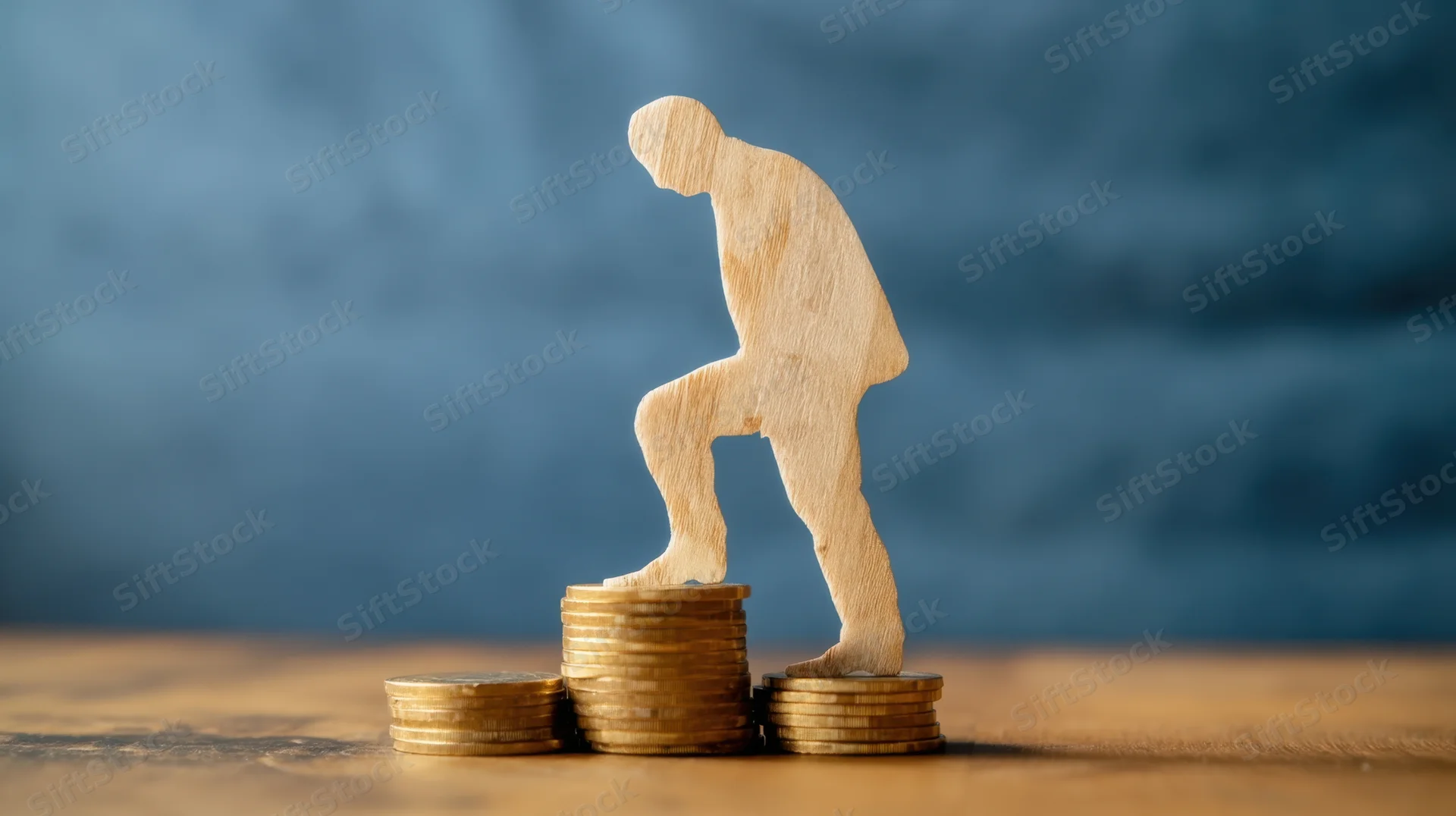 Wooden silhouette climbing stacked coins on a tabletop