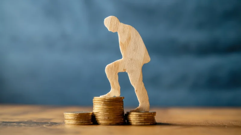 Wooden silhouette climbing stacked coins on a tabletop