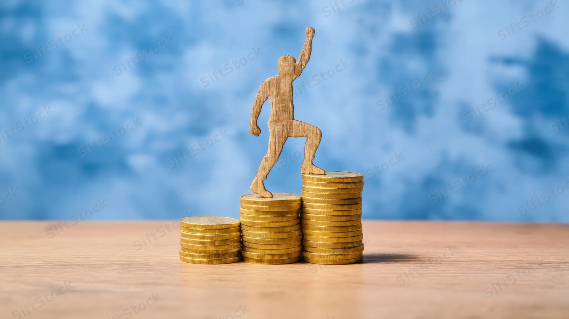 Wooden silhouette figure climbing stacked coins on wooden surface against blue background