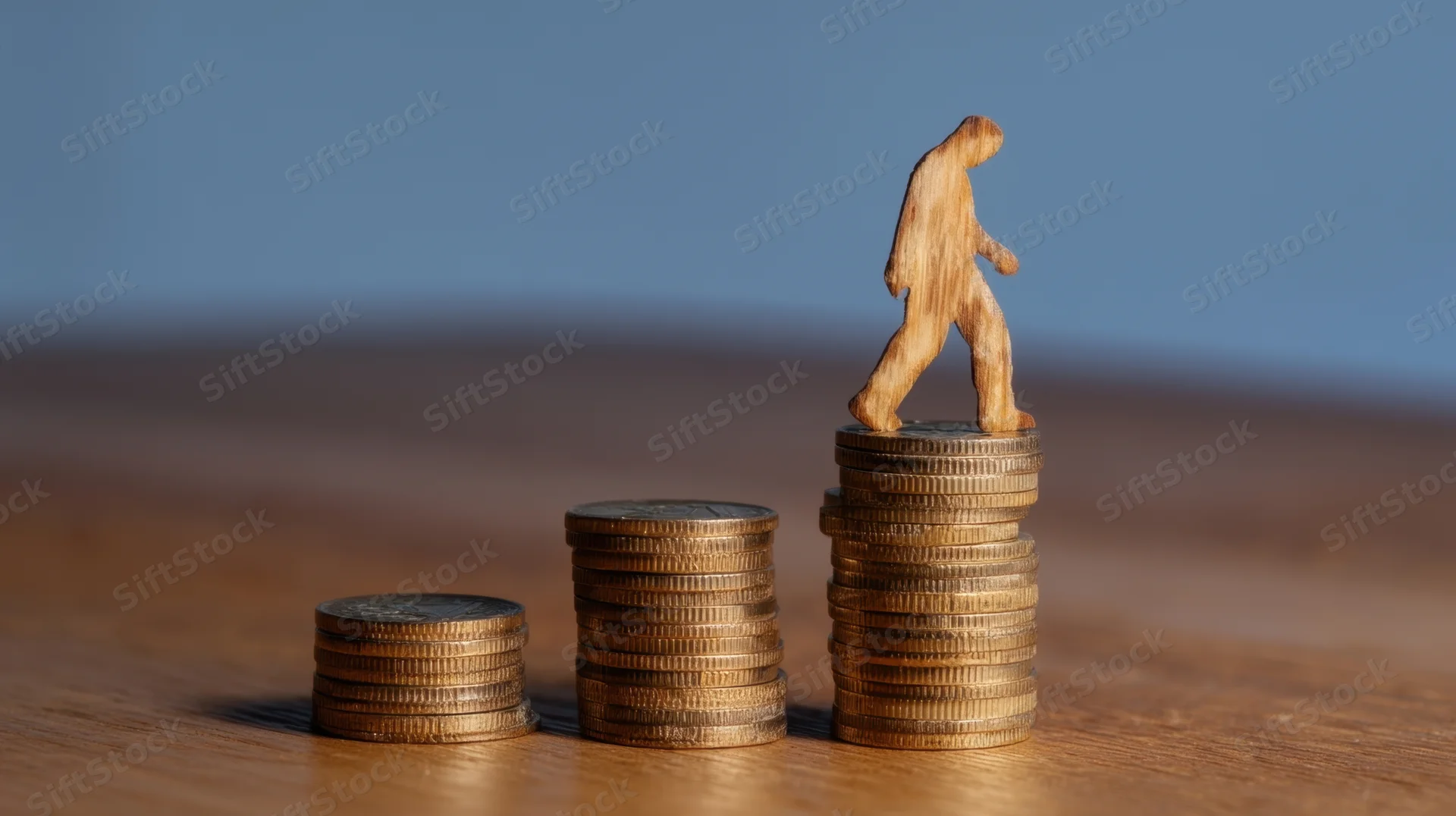 Wooden silhouette of a person walking atop a stack of coins arranged in ascending order on a wooden table