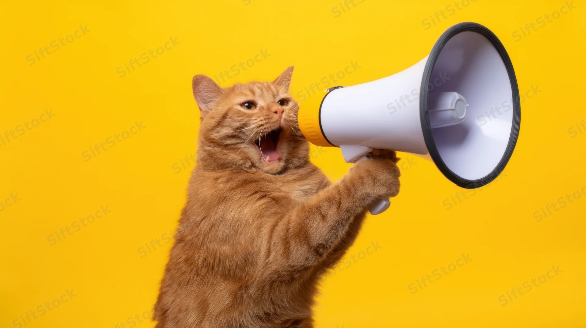 Orange cat shouting into a megaphone against a yellow background