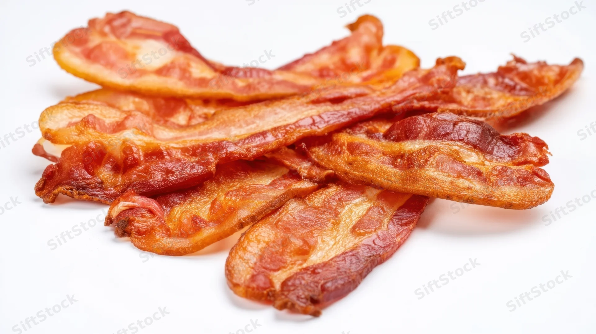 Crispy bacon strips arranged in a pile on a white background